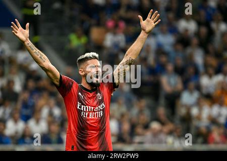 Milano, Italia. 16 settembre 2023. Olivier Giroud del Milan reagisce durante la partita di serie A tra FC Internazionale e AC Milan allo stadio San SiroStadium di Milano (Italia), 16 settembre 2023. Crediti: Insidefoto di andrea staccioli/Alamy Live News Foto Stock