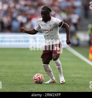 Londra, Regno Unito. 16 settembre 2023. Jérémy Doku del Manchester City in azione durante la partita di Premier League tra West Ham United e Manchester City al London Stadium, Queen Elizabeth Olympic Park, Londra, Inghilterra il 16 settembre 2023. Foto di Ken Sparks. Solo per uso editoriale, licenza necessaria per uso commerciale. Nessun utilizzo in scommesse, giochi o pubblicazioni di un singolo club/campionato/giocatore. Credito: UK Sports Pics Ltd/Alamy Live News Foto Stock