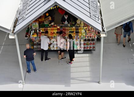 Le persone viste dall'alto al bancone del mercato acquistano bevande colorate a base di frutta appena spremuto, illuminate dal basso Foto Stock