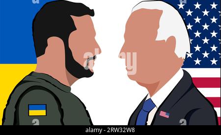 Silhouette del presidente ucraino Vladimir Zelensky e del presidente statunitense Joe Biden sullo sfondo delle bandiere ucraine e statunitensi Foto Stock