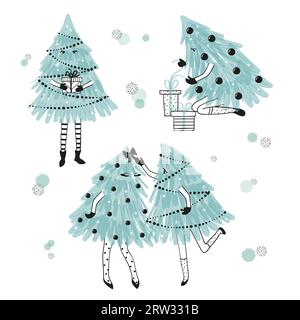 Set di graziosi alberi di Natale da bambine. Buon Natale. Illustrazione Vettoriale