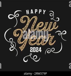 Felice anno nuovo 2024, emblema di modello vintage in stile grunge disegnato a mano. Illustrazione vettoriale Illustrazione Vettoriale