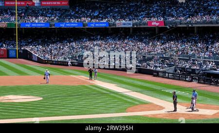 Dettagli architettonici dello Yankee Stadium, uno stadio di baseball e calcio situato nel Bronx, New York, Stati Uniti. Foto Stock