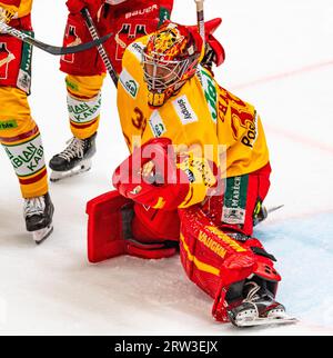 Losanna, Svizzera. 9 giugno 2023. Stepjhane Charlin (portiere) degli SCL Tigers (38) fa una sosta durante la partita del terzo giorno della Swiss National League 203-2024 si è svolta alla Vaudoise Arena di Losanna tra Losanna HC e SCL Tigers. (Foto di: Eric Dubost/Sipa USA) credito: SIPA USA/Alamy Live News Foto Stock