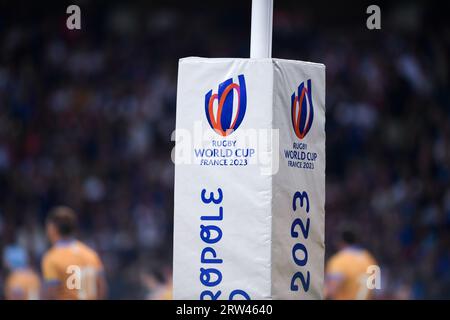 Parigi, Francia. 14 settembre 2023. Illustrazione con il logo della Coppa del mondo di rugby RWC sui posti di goal durante la partita tra Francia e Uruguay allo Stade Pierre Mauroy il 14 settembre 2023 a Lille, in Francia. Crediti: Victor Joly/Alamy Live News Foto Stock