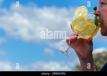 Donna vista di profilo che beve un bicchiere di gin tonic con fette di limone e foglie di menta con un cielo blu con nuvole sullo sfondo Foto Stock