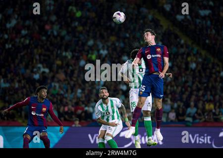 Barcellona, Spagna. 16 settembre 2023. Andreas Christensen (1st R) di Barcellona celebra il suo gol durante la partita di calcio spagnola della Liga tra il Barcellona e il Real Betis a Barcellona, in Spagna, 16 settembre 2023. Crediti: Joan Gosa/Xinhua/Alamy Live News Foto Stock