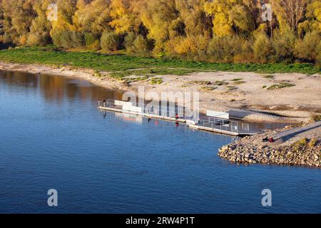 Piccolo molo, spiaggia e alberi autunnali vicino al fiume Vistola (polacco: Wisla) a Varsavia, Polonia Foto Stock