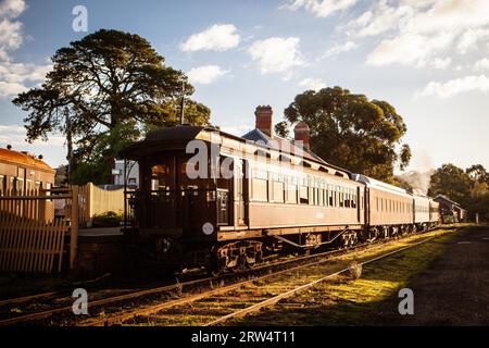 Un motore a vapore da Victorian Goldfields Railway a Maldon, Victoria, Australia su 11 Maggio 2014 Foto Stock