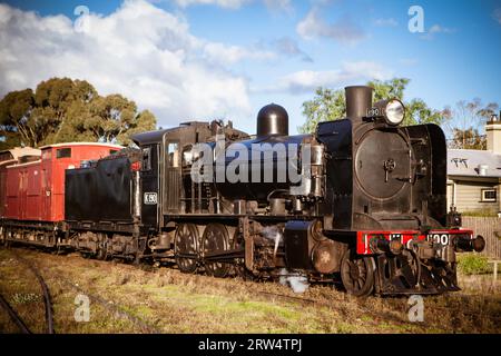 Un motore a vapore da Victorian Goldfields Railway a Maldon, Victoria, Australia su 11 Maggio 2014 Foto Stock