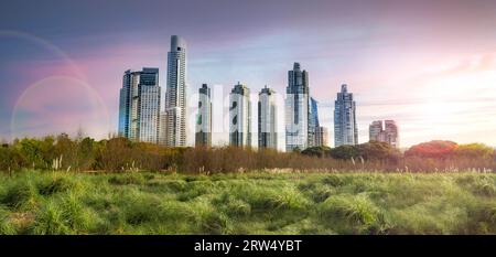 Vista panoramica dello skyline di Puerto Mader situata a Buenos Aires al tramonto Foto Stock