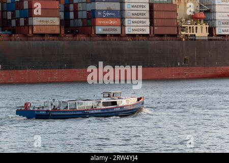 La chiatta Nordsee IV di fronte a una nave portacontainer con i container della compagnia di navigazione Maersk durante un tour del porto alla luce della sera Foto Stock