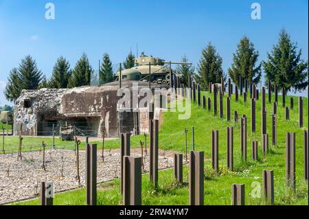 Ricostruzione del casemato di Esch come parte della linea Maginot con cappa in filo spinato, binari anticarro e carro armato M4 Sherman, Hatten, Alsazia, Francia Foto Stock