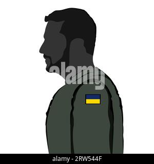 Silhouette del presidente ucraino Vladimir Zelensky, isolato su sfondo bianco. Foto Stock