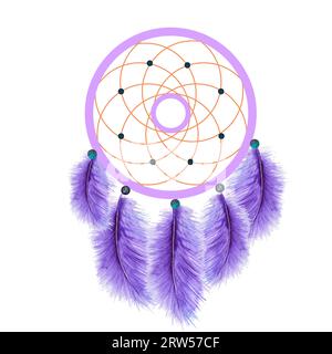 Illustrazione ad acquerello di un catcher di sogni con piume e perline. disegno manuale. Foto Stock