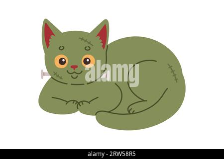 Gatto di Halloween. Gattino verde in costume da frankenstein. Felice illustrazione del costume di halloween. Illustrazione Vettoriale