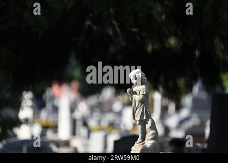 Vista laterale di una scultura in pietra di un bambino in preghiera situata in un cimitero, con tombe sfocate e lapidi sullo sfondo Foto Stock