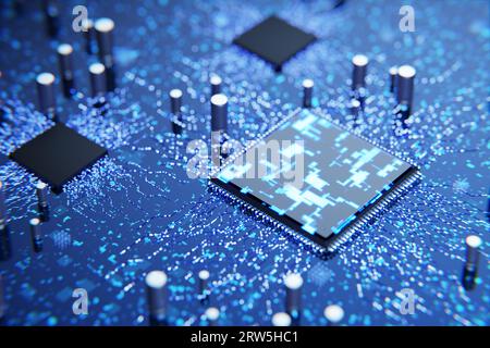 Tecnologie convenzionali. Nuovo microprocessore. Microchip astratto. Chip e processori per computer su schede elettroniche. Tecnologia di microelettronica astratta Foto Stock