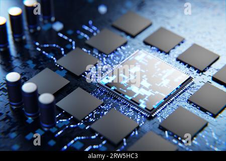 Microchip astratto. Tecnologie convenzionali. Nuovo microprocessore. Chip di memoria e processore centrale su una scheda elettronica. Microelettronico astratto Foto Stock