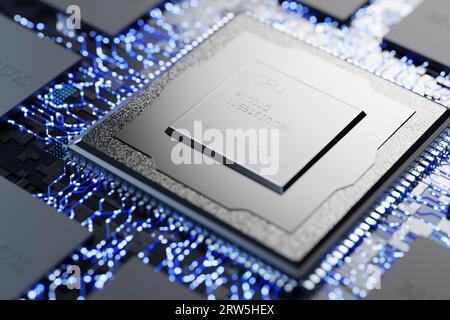 Microchip astratto. Tecnologie convenzionali. Nuovo microprocessore. Chip di memoria e processore centrale su una scheda elettronica. Microelettronico astratto Foto Stock