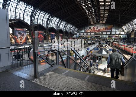 Amburgo, Germania - 15 giugno 2023: Hamburg Hauptbahnhof o stazione ferroviaria centrale piattaforme interne e treni. Foto Stock