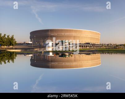 Riflessioni dello Stadion Wrocław alla periferia di Breslavia in Polonia Foto Stock