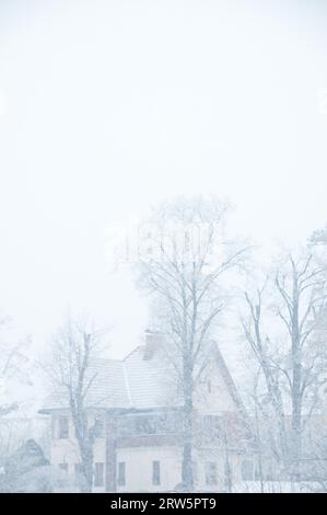 giornata bianca di nevicata con alberi e una villa Foto Stock