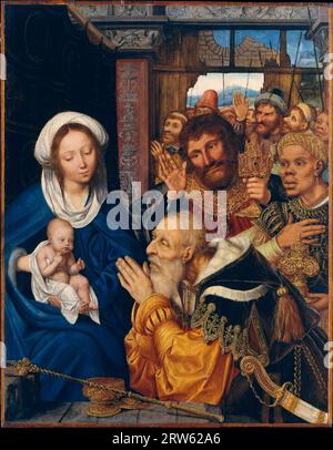 The Adoration of the Magi, pittura ad olio su legno dell'artista olandese Quinten Massys, ca. 1526 Foto Stock