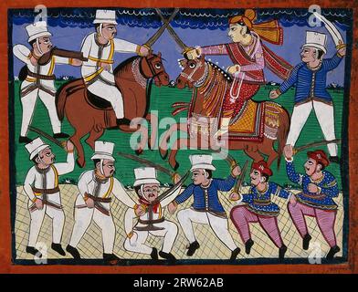 La battaglia di Gwalior, il grande ammutinamento indiano del 1857, il Rani di Jhansi (1828-1858) guidò le sue truppe, ca. pittura a guazzo degli anni '1860 Foto Stock