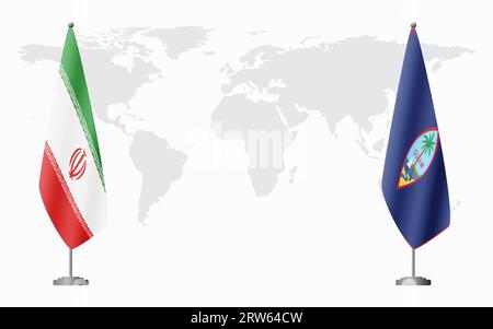 Iran e Guam bandiere per un incontro ufficiale sullo sfondo della mappa mondiale. Illustrazione Vettoriale