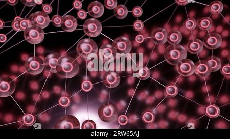 Le molecole con linee si muovono in onde. Progettazione. Catene biologiche di legami molecolari che si muovono in onde. Le sfere molecolari sono collegate da linee nello spazio Foto Stock