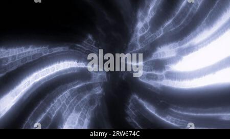 Vortice astratto cosmico che si muove con la luce del plasma. Movimento. Flusso luminoso di linee luminose in buco nero. Le energie del plasma si muovono nel flusso del tunnel spaziale Foto Stock