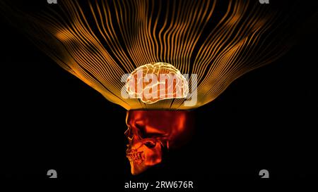 Animazione 3D con cranio e cervello luminoso. Progettazione. Animazione moderna ed elegante con cervello 3d e strisce luminose sopra il cranio. Cranio fresco con brai brillante Foto Stock