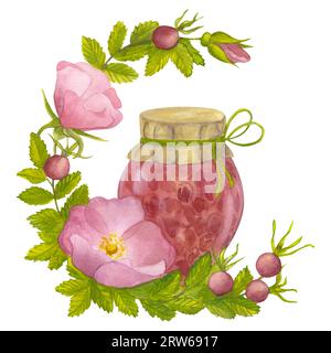 Ramificazione di rosa selvatica con foglie, fiori e frutti di bosco. Marmellata di rosehip fatta in casa in vaso di vetro. Disegnare a mano un'illustrazione ad acquerello isolata su sfondo bianco Foto Stock