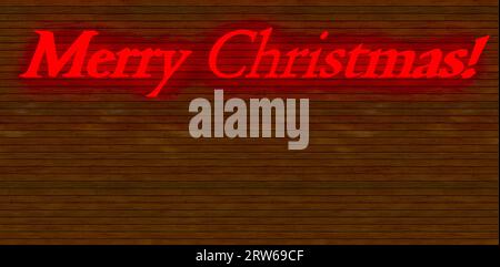 Scarlet inscription Merry Christmas written with glowing letters on the wooden wall. Good idea for New Year greeting card. 3d rendering. Foto Stock