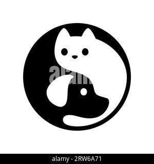 Logo yin yang gatto e cane. Simpatici e semplici animaletti in bianco e nero a forma di cerchio. Illustrazione vettoriale minima. Illustrazione Vettoriale