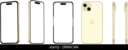 Set di 6 pezzi da diverse angolazioni, smartphone Apple iPhone 15 giallo, modello, nuovo articolo nel settore IT, modello per web design su sfondo bianco Illustrazione Vettoriale