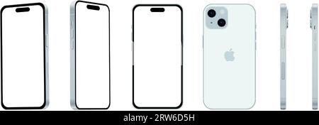 Set di 6 pezzi da diverse angolazioni, smartphone Apple iPhone 15 blu, modello, novità nel settore IT, modello per web design su sfondo bianco - V. Illustrazione Vettoriale