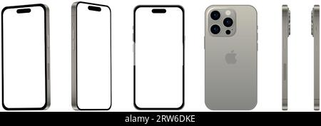 Set di 6 pezzi da angolazioni diverse, smartphone in titanio naturale Apple iPhone 15 PRO, modello, novità nel settore IT, modello per web design su un bianco Illustrazione Vettoriale