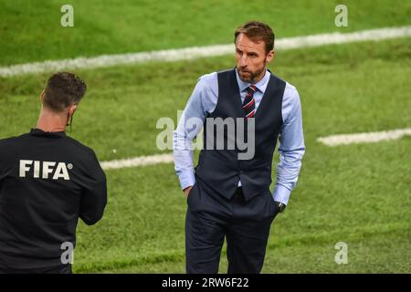 Mosca, Russia – 3 luglio 2018. Allenatore della nazionale di calcio inglese Gareth Southgate durante la Coppa del mondo 2018 turno di 16 partita Colombia vs Inghilterra (1-1) Foto Stock