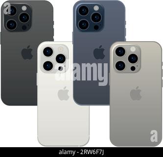 Nuovo Apple iPhone 15 PRO, moderno gadget per smartphone, set di 4 pezzi in nuovi colori originali - illustrazione vettoriale Illustrazione Vettoriale