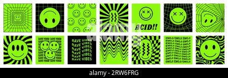 Trippy sorride. Emoji faccia Y2K. Acido rave art. Stampa grafica accattivante con testo. Emoticon tossico pazzo. Alieni simpatici sorridenti. Design anti-colata e anti-colata. Neon gr Illustrazione Vettoriale