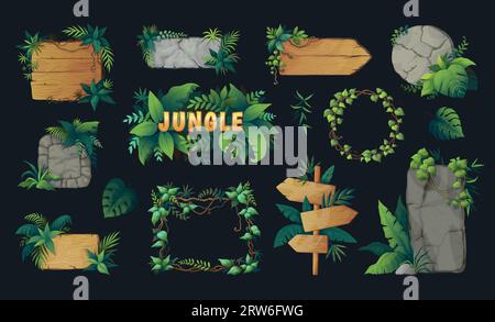 Gioco nella giungla. Tavole vuote in pietra o legno. Elementi esotici della foresta. Struttura in legno con foglie di palma e liana. Segnaletica con puntatore di bambù nella foresta pluviale. Teglia Illustrazione Vettoriale