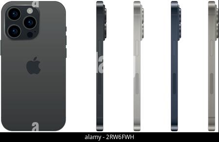 Nuovo Apple iPhone 15 PRO, moderno gadget per smartphone, set di 4 pezzi in nuovi colori originali - illustrazione vettoriale Illustrazione Vettoriale