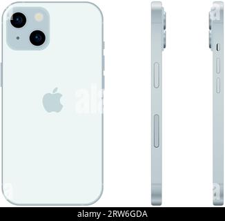 Nuovo modello di smartphone Apple iPhone 15 blu, modello mockup su sfondo bianco - illustrazione vettoriale Illustrazione Vettoriale