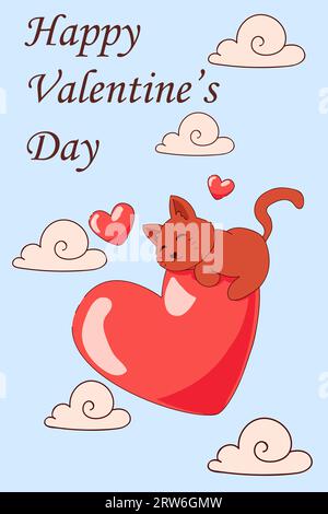 Buon san valentino. Gattino simpatico e pigro che poggia sul cuore. Nuvole nel cielo blu. Biglietto d'auguri. Cartolina Amour e romanticismo, banner natalizio. Animali po Illustrazione Vettoriale