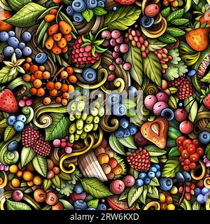 Gli scarabocchi vettoriali dei cartoni animati sul tema del motivo senza cuciture Berry Fruits presentano una varietà di oggetti e simboli di bacche. Bizzarro giocoso colorato b Illustrazione Vettoriale