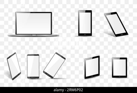 set di smartphone, tablet e notebook con screen saver vuoto isolato su sfondo bianco. dispositivi realistici e dettagliati mockup. vettore stock Illustrazione Vettoriale