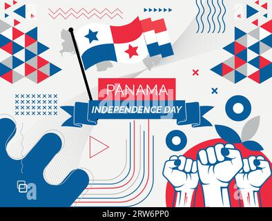 PANAMA Map e Raised Fists. Design del giorno nazionale o del giorno dell'indipendenza per la celebrazione DI PANAMA. Design retrò moderno con icone astratte. Vettore Illustrazione Vettoriale