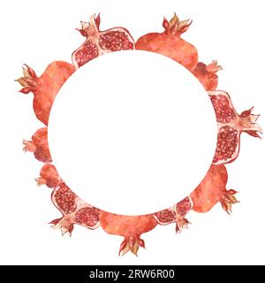 Corona di melograno acquerello. Melograno disegnato a mano, illustrazione botanica, cornice rotonda di frutti di melograno. Per design di imballaggi, tessuti, lette Foto Stock